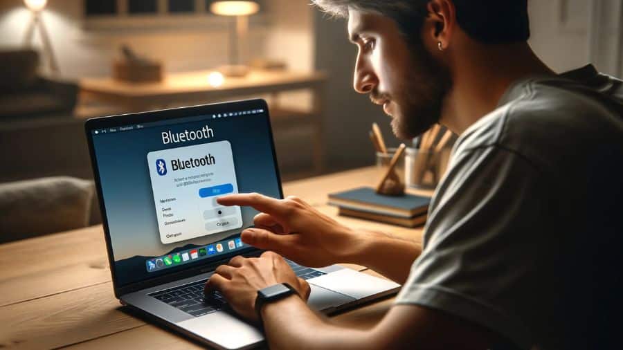 homem ativando bluetooth do seu macbook