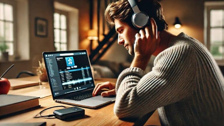 homem escutando música no seu MacBook com fone de ouvido Bluetooth