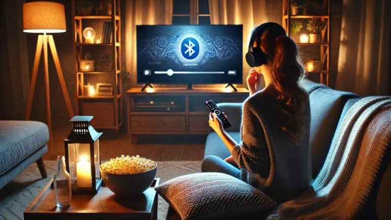 mulher conectando Headphobne Bluetooth na TV para assitir séries