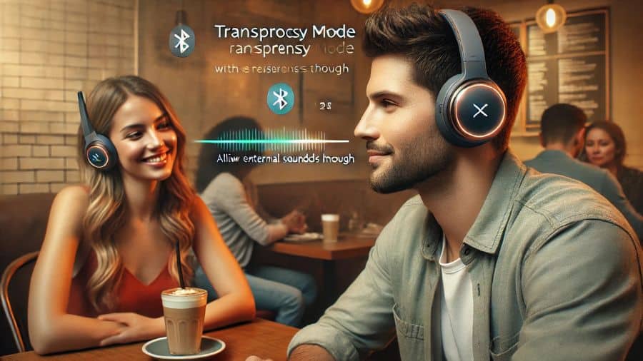 homem conversando com mulher usando seu Headphone bluetooth com ajuda do Modo Transparente