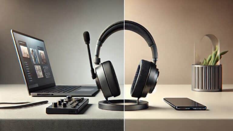 Comparação visual entre um headset com microfone e um headphone sem microfone, destacando seus diferentes usos e designs