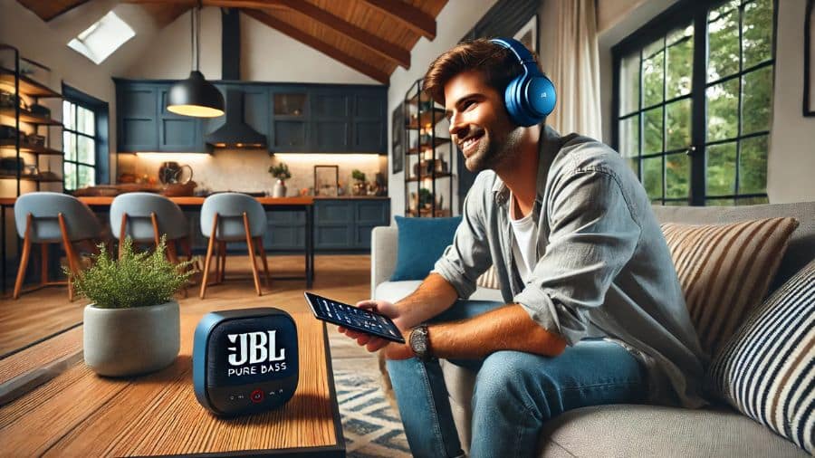 homem curtindo tencologia pure bass da JBL em sua casa