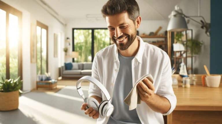 Homem sorridente limpando fone de ouvido branco em ambiente moderno e bem iluminado