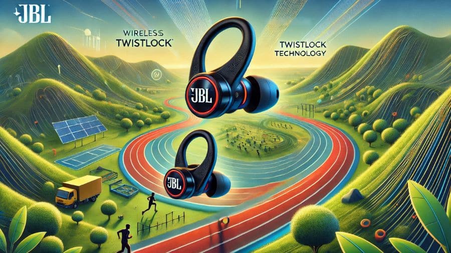 Representação visual da tecnologia TwistLock da JBL, com fones esportivos ajustados de forma ergonômica em um ambiente ao ar livre