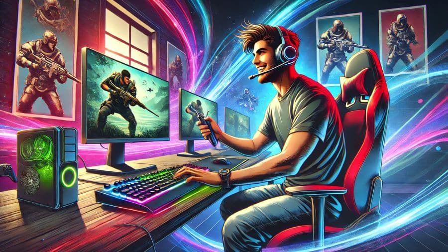 Homem com headset sem fio jogando online com amigos, em setup gamer com teclado RGB e monitores duplos em ambiente animado