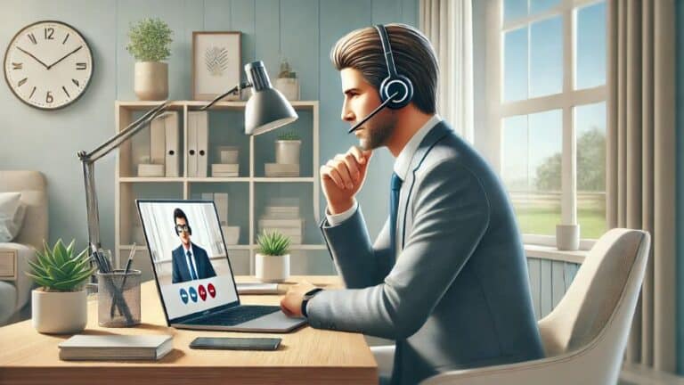 Homem usando headset sem fio em reunião online, sentado à mesa com laptop, em home office iluminado e organizado