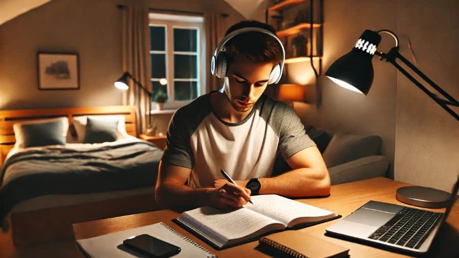 homem estudando em seu quarto usando um fone de ouvido Bluetooth