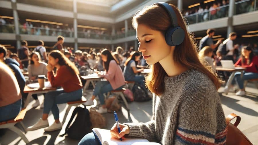 mulher em faculdade usando fone de ouvido Bluetooth para cancelar o barulho externo que a incomodava